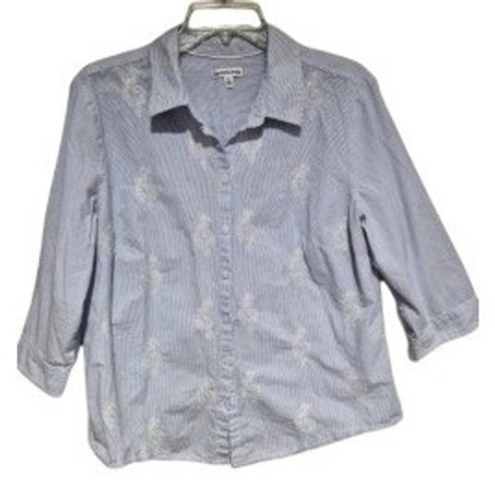 Croft & Barrow Womens XL Blue White Pinstripe Embroidered 3/4 Sleeve Shirt